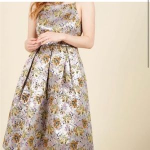 Lace & Mesh Purple Floral Brocade Metallic Sleeveless Fit & Flare Dress
